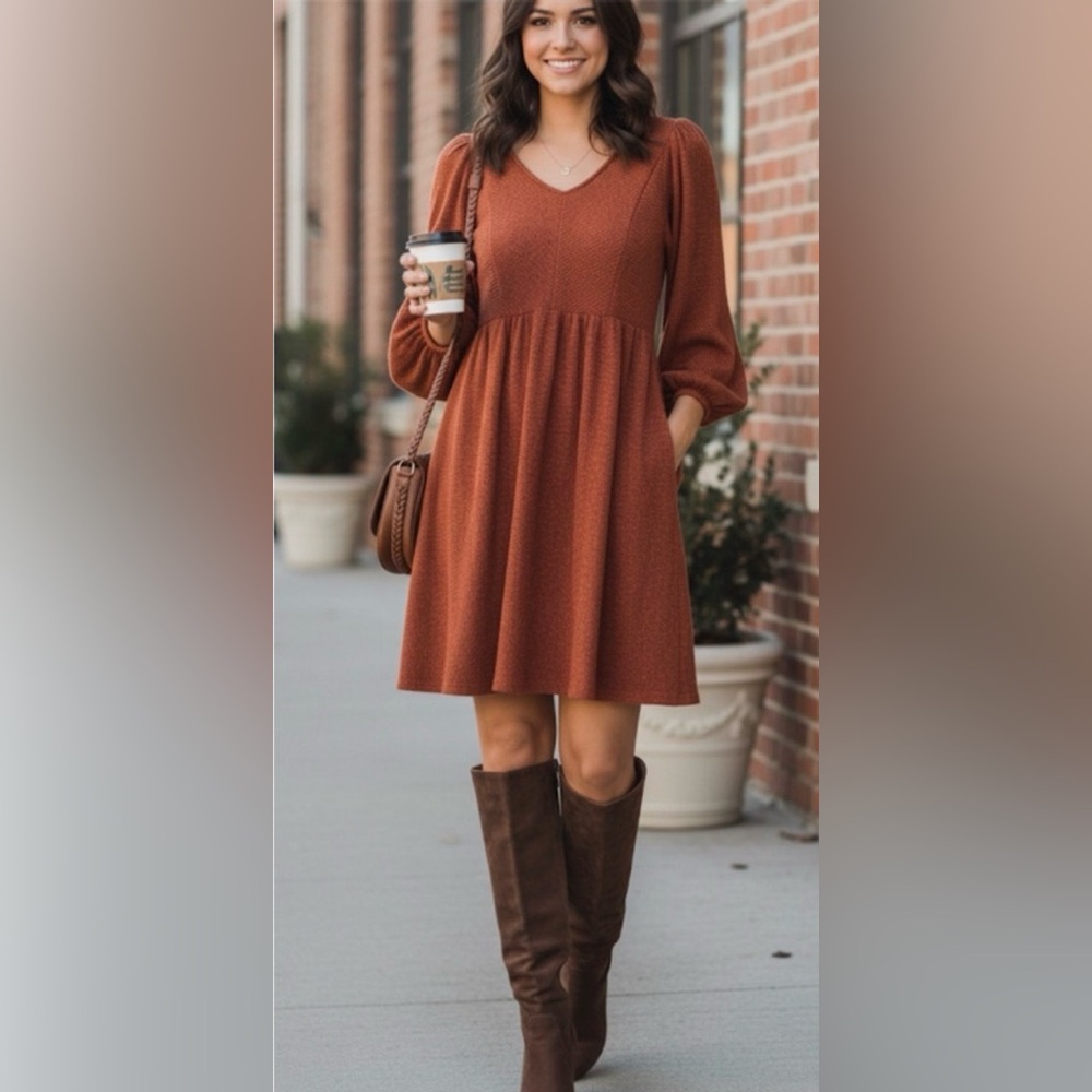 Deep Orange red sweater V-Neck Dress size large empire waist, western, bohemian